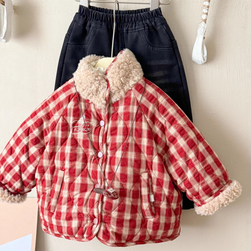 Jachetă reversibilă din bumbac pentru fetițe (stil coreean) – guler rotund, fără glugă, lungime scurtă, model grilă, purtare dublă, iarnă 2025, vârsta 3–8 ani