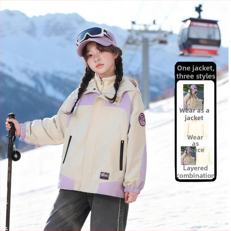 Meitenēm 3-in-1 jaka ar noņemamu daļu, kapuci, vēja izturīga un ūdensizturība 1500 mm, vecuma 7–12 gadi