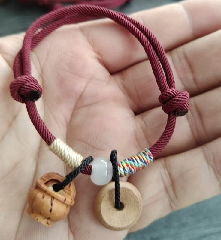 Brățară unisex din lemn de piersică cu șnur țesut manual, stil etnic, vara 2025, ambalare individuală