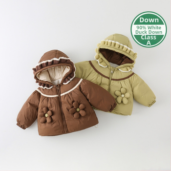 Bērnu meitenēm paredzēta pūkaina jaka ar pīļu pūci, kapuce, flīsa oderes, bieza ziemas jaka.