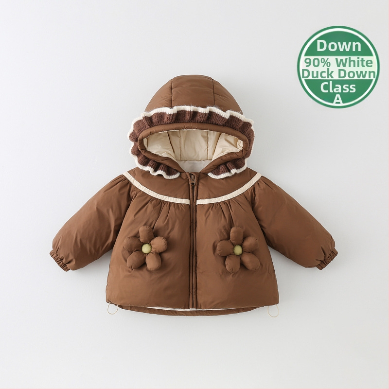 Bērnu meitenēm paredzēta pūkaina jaka ar pīļu pūci, kapuce, flīsa oderes, bieza ziemas jaka.