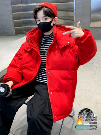 Zēnu ziemas pūšu jaka ar balta pīles pūļa pildījumu 50-55%, ar kapuci, īss garums, brīvs piegriezums, priekšējā rāvējslēdzēja aizdare - Ziemas 2025