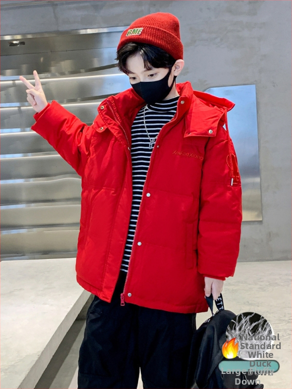 Zēnu ziemas pūšu jaka ar balta pīles pūļa pildījumu 50-55%, ar kapuci, īss garums, brīvs piegriezums, priekšējā rāvējslēdzēja aizdare - Ziemas 2025