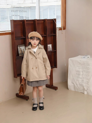 Детско момичешко тренч-палто с качулка, ветроустойчиво и водоустойчиво, сваляема качулка, двойно редове копчета, средна дължина, външна материя найлон, подплата памук