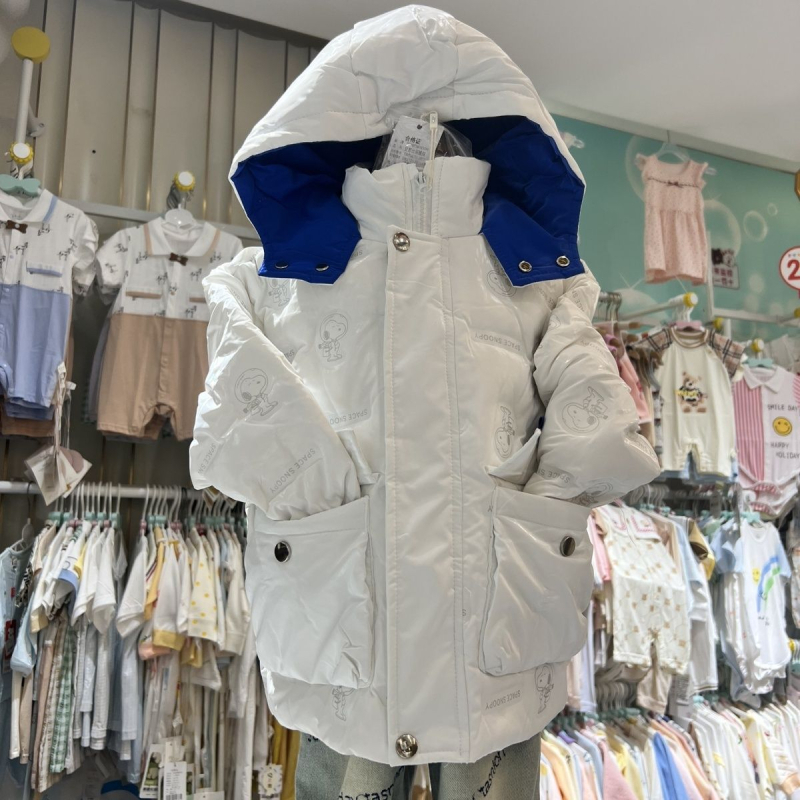 Bērnu pūku jaka korejiešu stilā ar corduroy audumu, kokvilnas pamušs oderējums, 95% pūkas saturs, īss griezums, pavasaris 2025