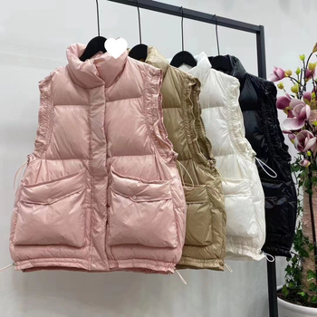 Ženska down vesta, stojeći ovratnik, A-silueta, punilo: patka perje, tkanina: rayon