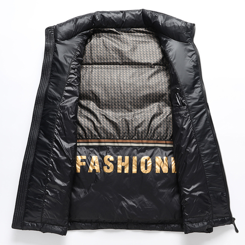 Мъжка пухена жилетка с цип и стояща яка, дебелена, основна материя: найлон 100%, пух 86–90%, пълнеж 59.9–79.9 g, множество джобове