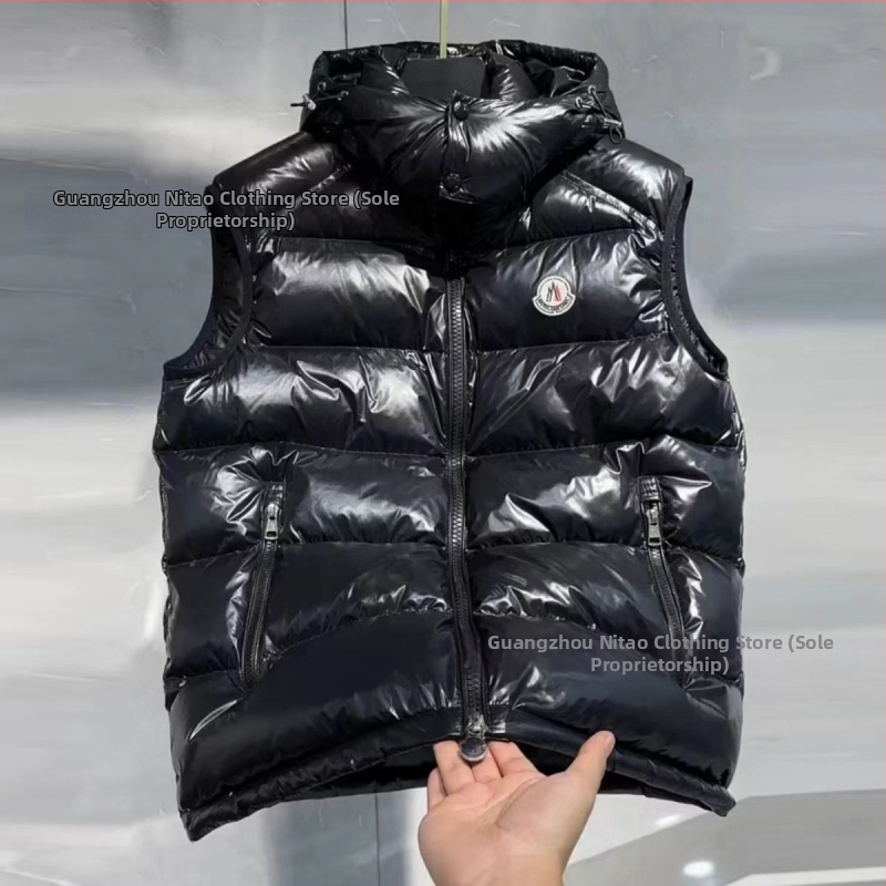 Kapucňová vesta z peria, unisex, hrubý krátky strih, výplň z kačacieho peria, zips