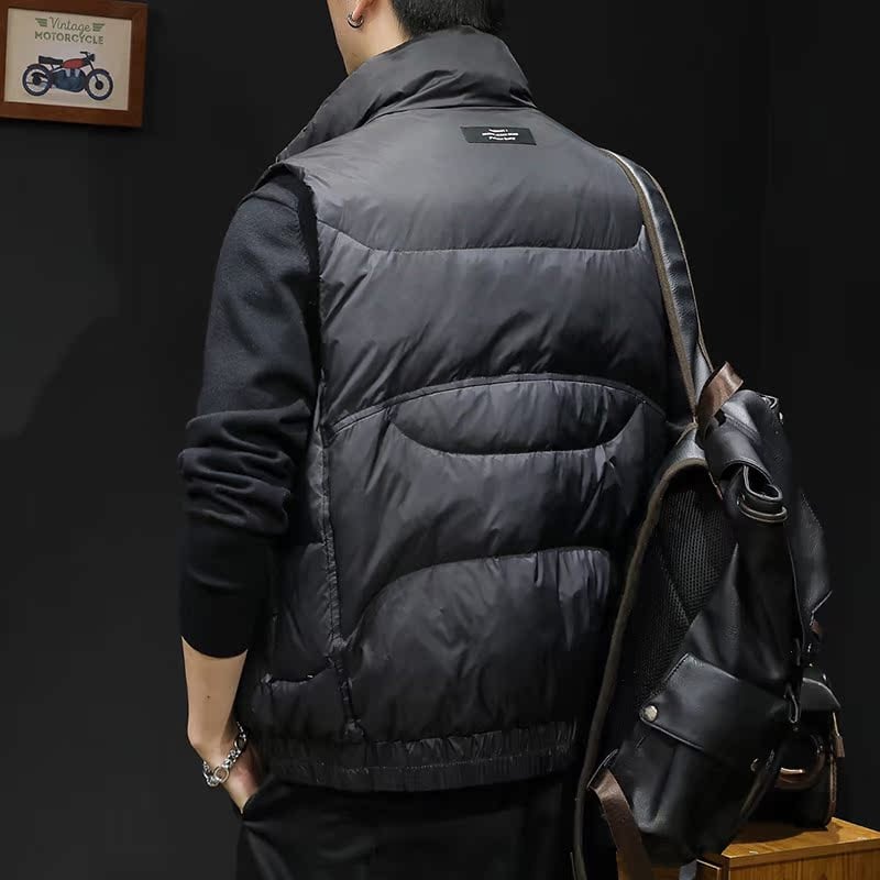 Мъжко пухено яке с цип, стояща яка без качулка, 85–90% пух, пълнеж под 100 g, външен плат 100% найлон