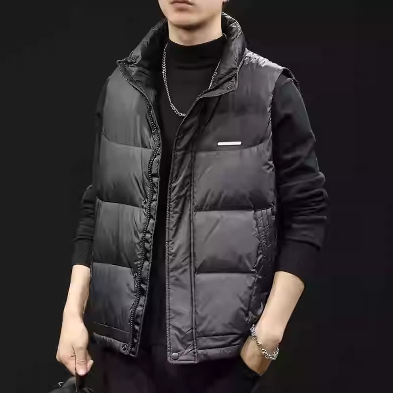 Мъжко пухено яке с цип, стояща яка без качулка, 85–90% пух, пълнеж под 100 g, външен плат 100% найлон