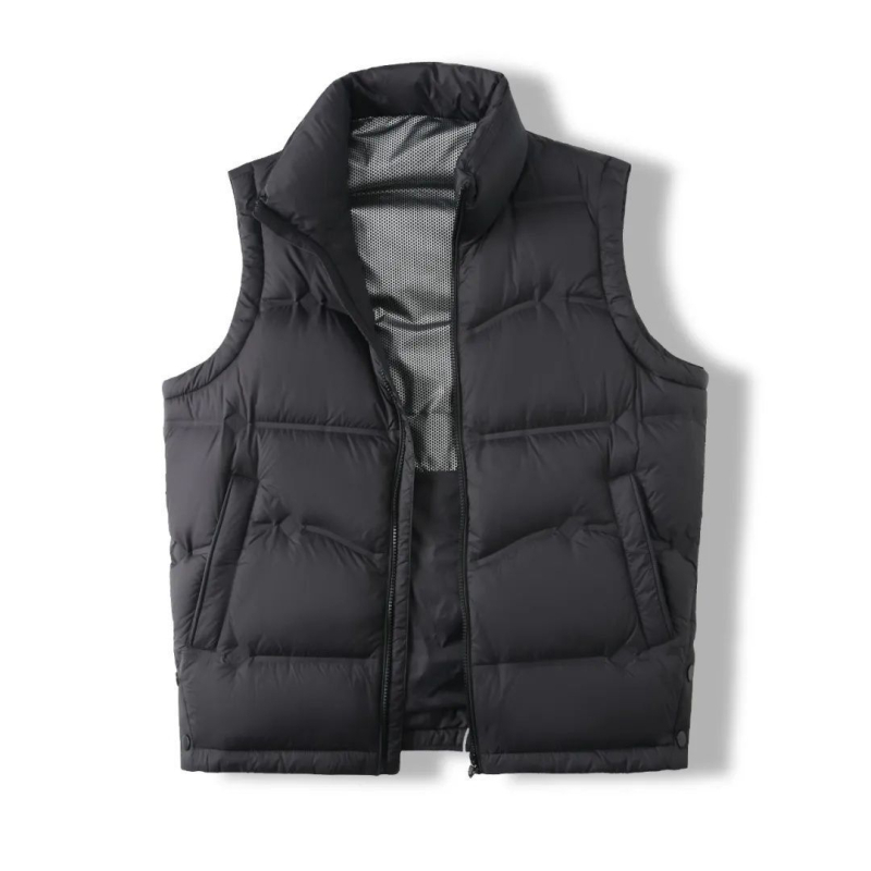 Мъжки пухен жилет с стояща яка, цип, удебелен, с около 90% пух и пълнеж 66–88 г