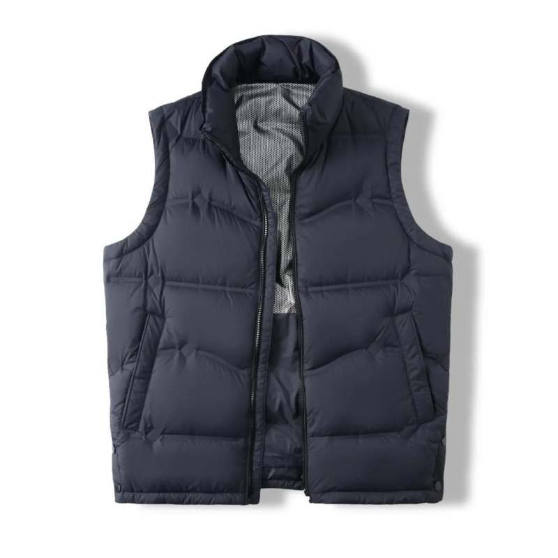Мъжки пухен жилет с стояща яка, цип, удебелен, с около 90% пух и пълнеж 66–88 г