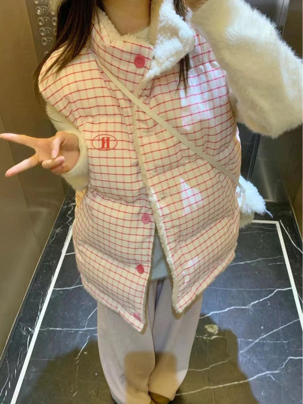 Памучна двустранна жилетка с пухено напълване, качулка, свободна кройка, цип отпред, зима 2025, стил Харадзюку