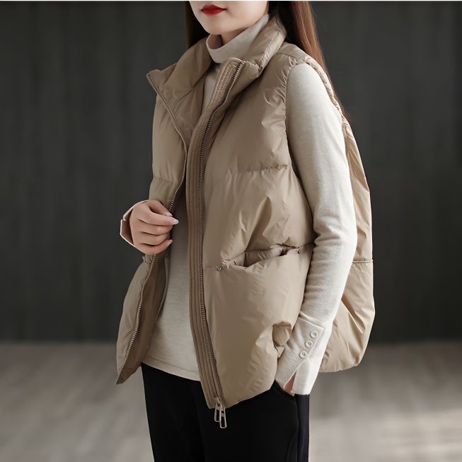 Ženska down vesta, slobodan kroj, ultra kratka duljina ≤40 cm, stojeći ovratnik, Chenille-Spandex tkanina
