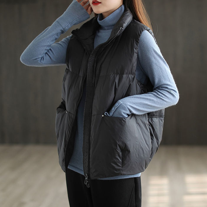 Ženska down vesta, slobodan kroj, ultra kratka duljina ≤40 cm, stojeći ovratnik, Chenille-Spandex tkanina