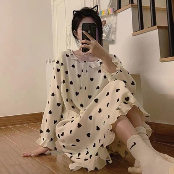 Ženski jednoposni pajamski set, pulover stil, okrugli izrez, dugi rukavi, poliester materijal, midi noćna haljina
