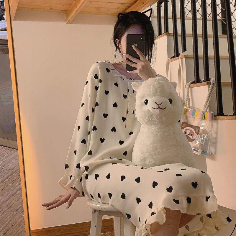 Ženski jednoposni pajamski set, pulover stil, okrugli izrez, dugi rukavi, poliester materijal, midi noćna haljina