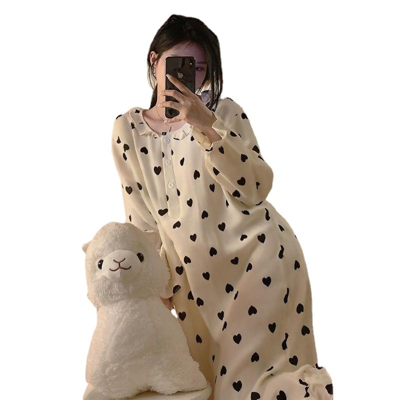 Ženski jednoposni pajamski set, pulover stil, okrugli izrez, dugi rukavi, poliester materijal, midi noćna haljina