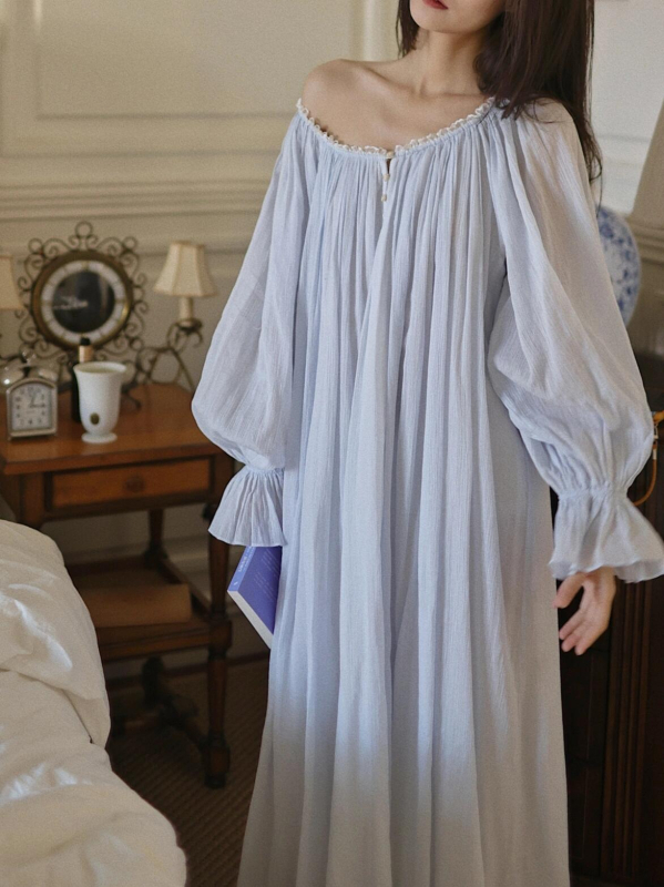 Pamuk noćna haljina s čipkastim šivenjem, francuski stil dvora, okrugli izrez, dugi rukavi, udoban slobodan kroj
