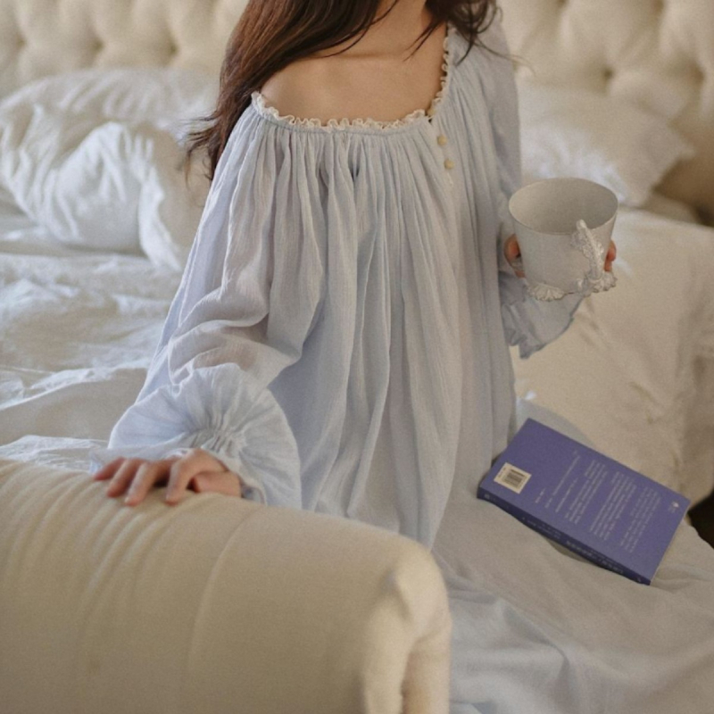 Pamuk noćna haljina s čipkastim šivenjem, francuski stil dvora, okrugli izrez, dugi rukavi, udoban slobodan kroj
