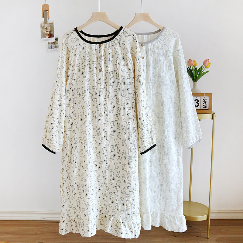 Rochie de noapte din bumbac 100%, croială lejeră, mâneci lungi, guler rotund, țesătură subțire