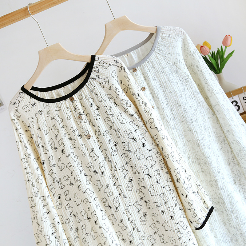 Rochie de noapte din bumbac 100%, croială lejeră, mâneci lungi, guler rotund, țesătură subțire