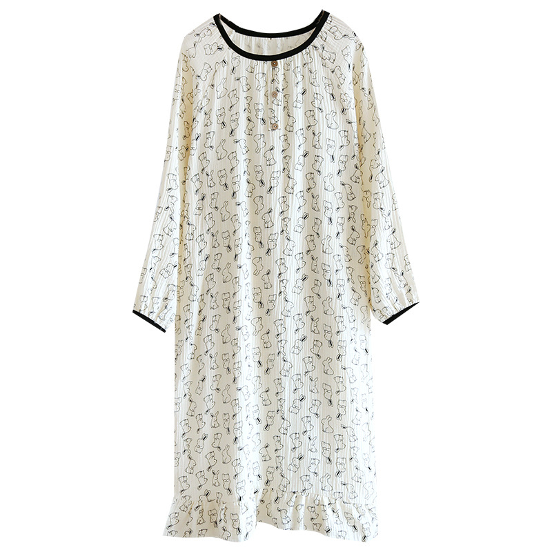 Rochie de noapte din bumbac 100%, croială lejeră, mâneci lungi, guler rotund, țesătură subțire