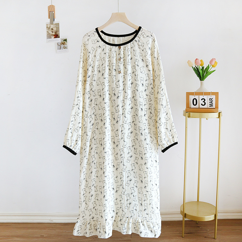 Rochie de noapte din bumbac 100%, croială lejeră, mâneci lungi, guler rotund, țesătură subțire