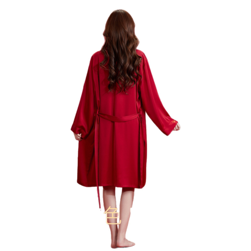 Ice Silk hálóruha készlet: hát nélküli hálóruha pántokkal, kardigán és selymes külső köntös – hosszú ujjú, gallér