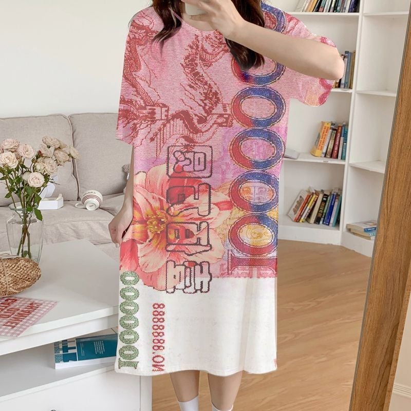 Rochie de noapte din poliester cu imprimeu cartoon – fără mâneci, guler rotund, lungime midi