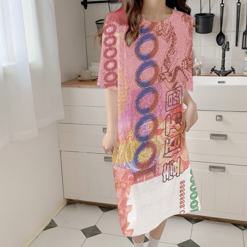 Rochie de noapte din poliester cu imprimeu cartoon – fără mâneci, guler rotund, lungime midi