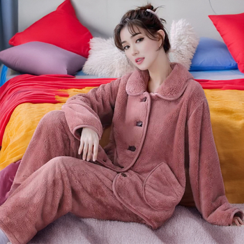 Set pijamale din flanel, cu guler tip lapel, mâneci lungi, stil simplu și casual