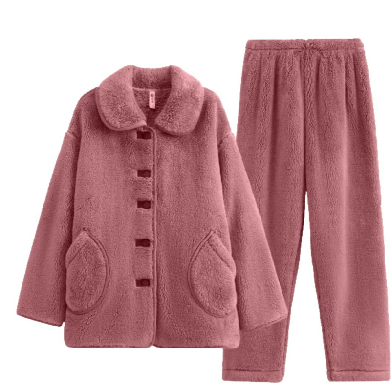 Set pijamale din flanel, cu guler tip lapel, mâneci lungi, stil simplu și casual