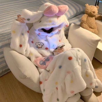 Djevojački kapuljačasti ogrtač od koralnog fleksa s mašnicom, zimska topla kućna odjeća