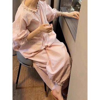 Set de pijamale în stil franțuzesc din fire de bumbac — guler rotund, mâneci lungi, pantaloni, plăcut la atingere, pentru primăvară și toamnă