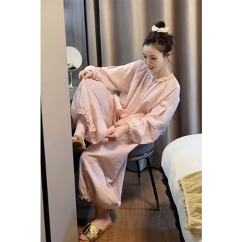 Set de pijamale în stil franțuzesc din fire de bumbac — guler rotund, mâneci lungi, pantaloni, plăcut la atingere, pentru primăvară și toamnă