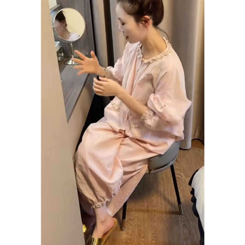 Set de pijamale în stil franțuzesc din fire de bumbac — guler rotund, mâneci lungi, pantaloni, plăcut la atingere, pentru primăvară și toamnă