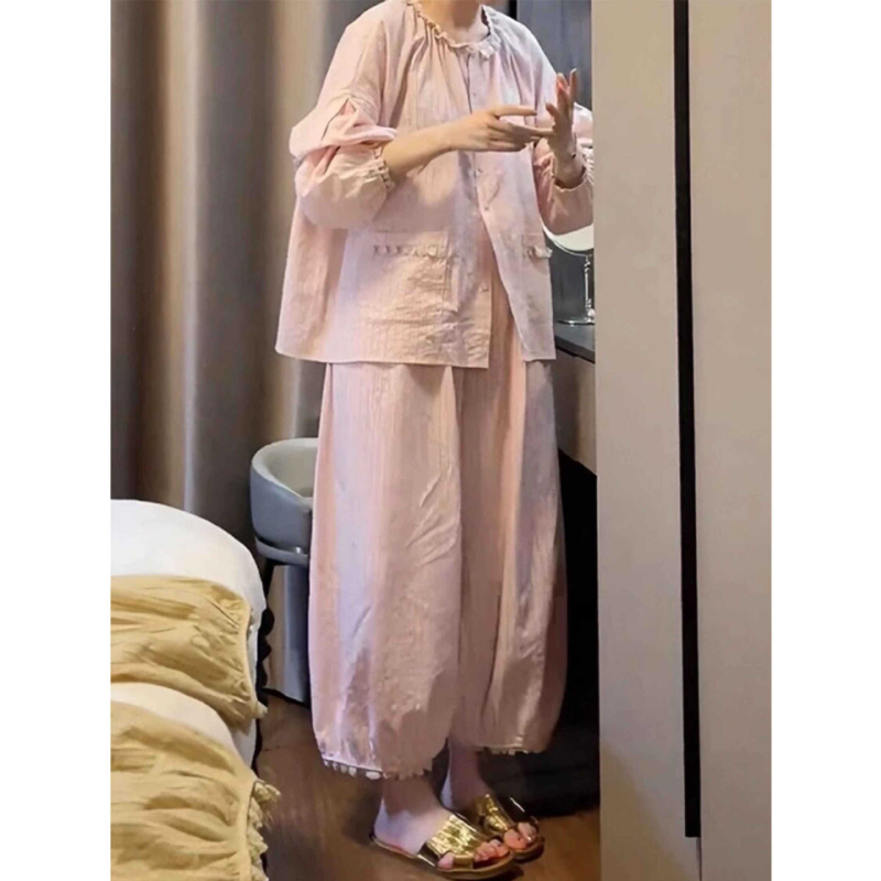 Set de pijamale în stil franțuzesc din fire de bumbac — guler rotund, mâneci lungi, pantaloni, plăcut la atingere, pentru primăvară și toamnă