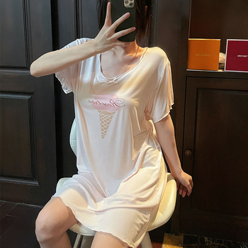 Japonijos stiliaus viskozė naktinukė, trumpomis rankovėmis, apskritas kaklas, vidutinio ilgio sijonas