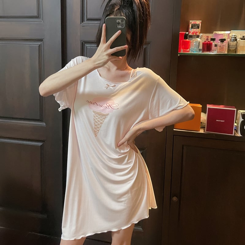 Japonijos stiliaus viskozė naktinukė, trumpomis rankovėmis, apskritas kaklas, vidutinio ilgio sijonas