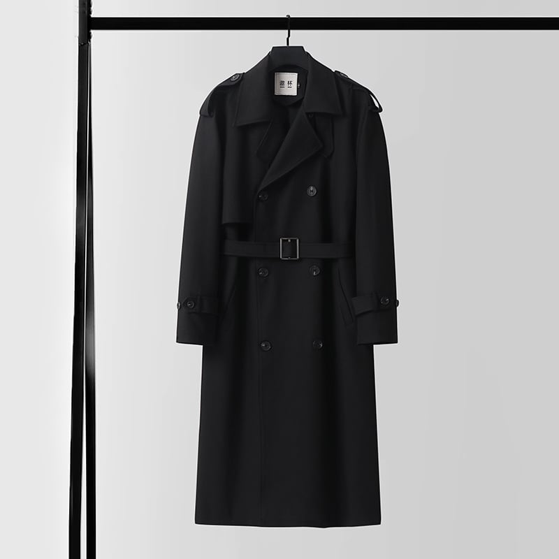 Novi ultra‑dugi trench coat s dvostrukim kopčanjem, crni, moderan muški kaput
