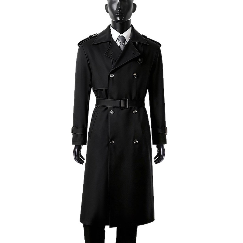 Novi ultra‑dugi trench coat s dvostrukim kopčanjem, crni, moderan muški kaput