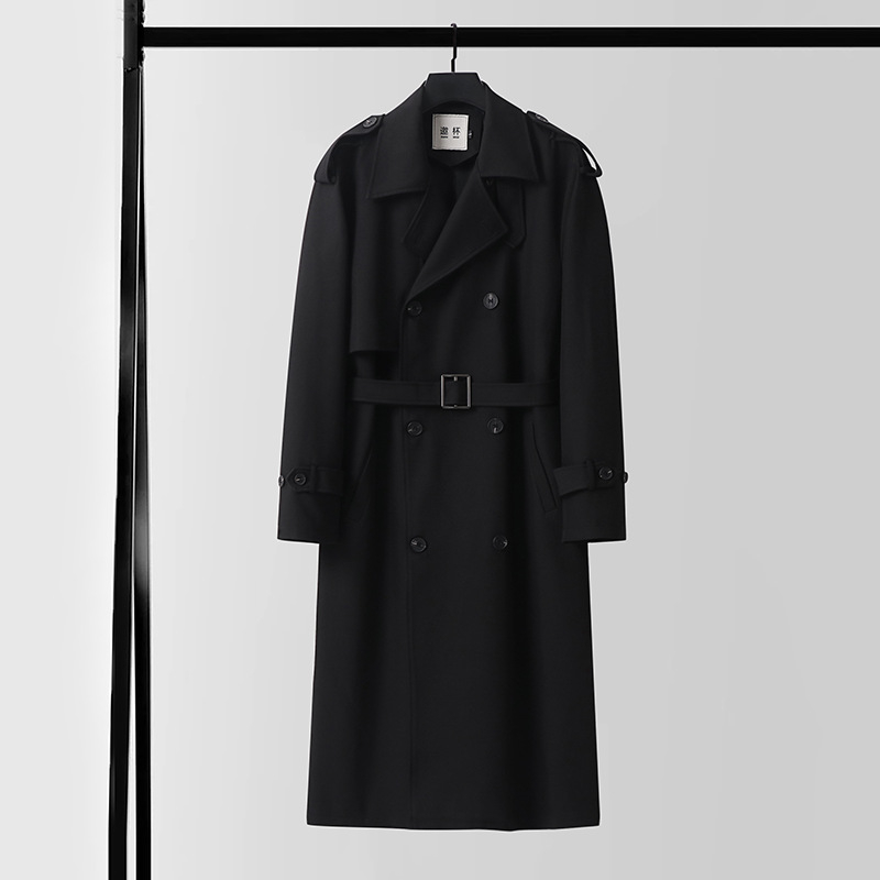 Novi ultra‑dugi trench coat s dvostrukim kopčanjem, crni, moderan muški kaput