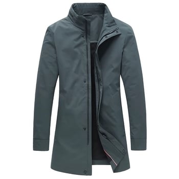 Férfi Koreai stílusú középméretű trench kabát, álló gallérral, egysoros gombolású, poliészter anyag, 100% poliészter bélés