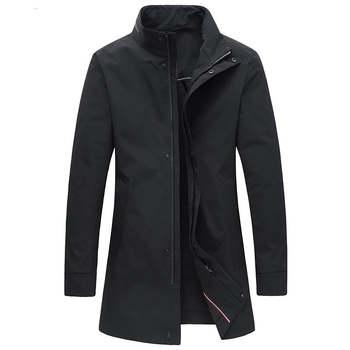 Férfi Koreai stílusú középméretű trench kabát, álló gallérral, egysoros gombolású, poliészter anyag, 100% poliészter bélés