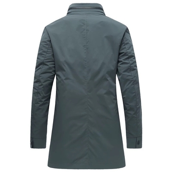 Férfi Koreai stílusú középméretű trench kabát, álló gallérral, egysoros gombolású, poliészter anyag, 100% poliészter bélés