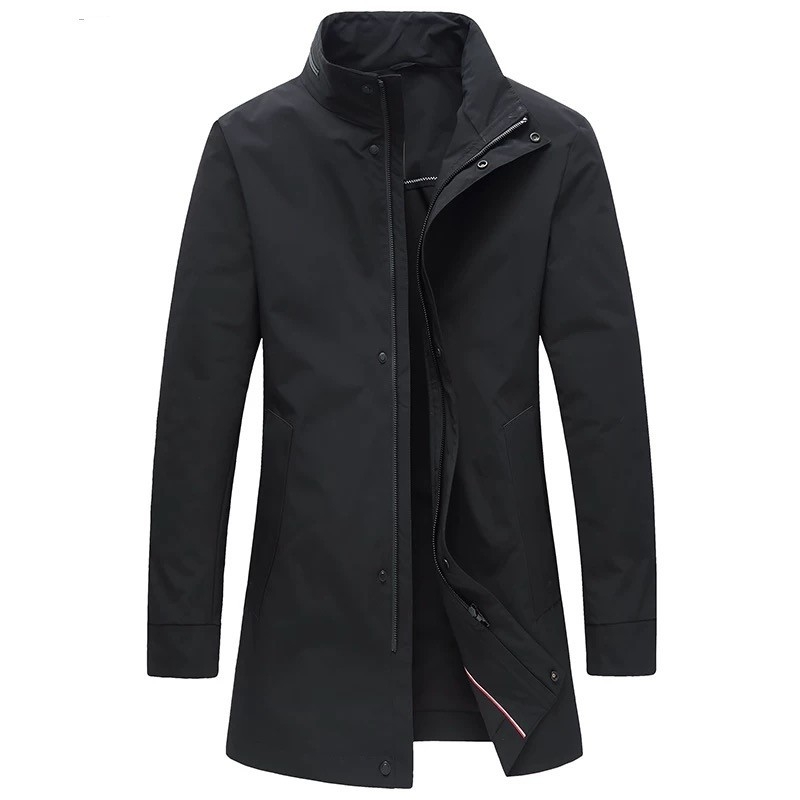 Férfi Koreai stílusú középméretű trench kabát, álló gallérral, egysoros gombolású, poliészter anyag, 100% poliészter bélés