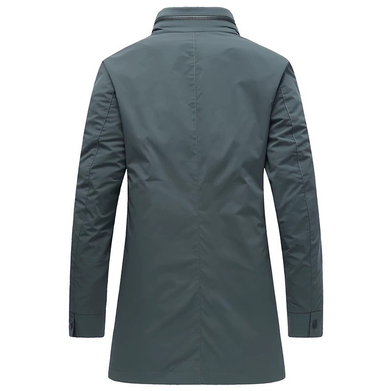 Férfi Koreai stílusú középméretű trench kabát, álló gallérral, egysoros gombolású, poliészter anyag, 100% poliészter bélés