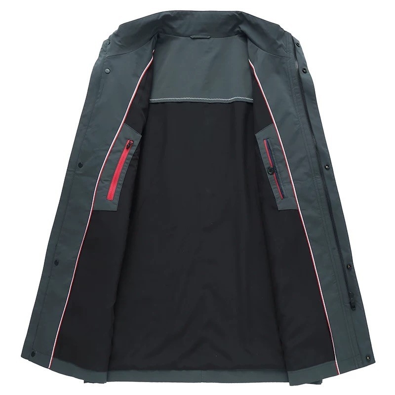 Férfi Koreai stílusú középméretű trench kabát, álló gallérral, egysoros gombolású, poliészter anyag, 100% poliészter bélés