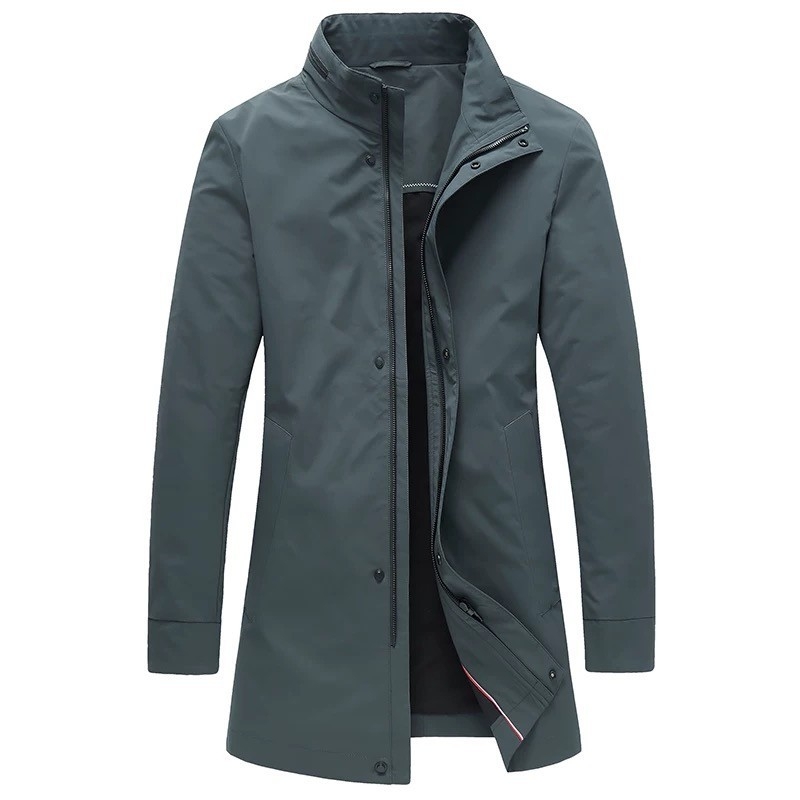 Férfi Koreai stílusú középméretű trench kabát, álló gallérral, egysoros gombolású, poliészter anyag, 100% poliészter bélés